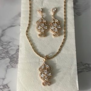 NWOT - Set of Necklace and Earrings. 14K Gold-Plated with Clear Crystals.